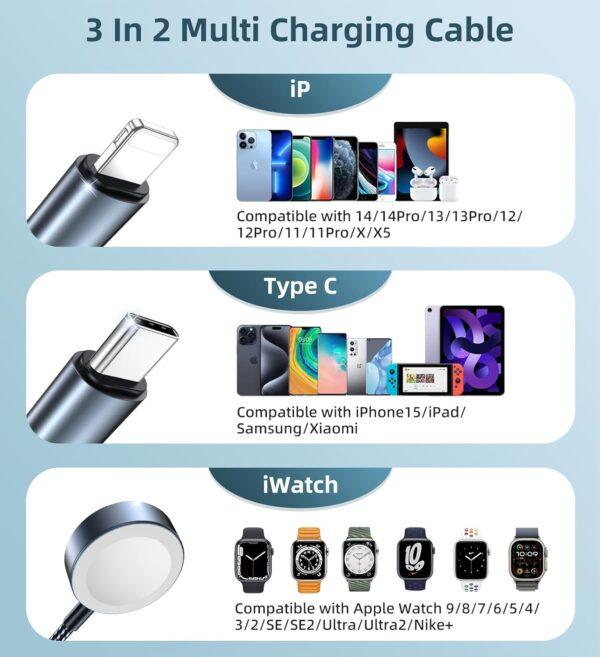 Charger Cable for Apple Watch Upgraded 3 in 2 iPhone Watch Charger USB C Multi Charging Cable Compatible with iWatch Ultra/SE/10/9/8/7/6/5/4/3/2/1 & iPhone 16/15/14/13/12/11/Galaxy S23-4FT - Image 4
