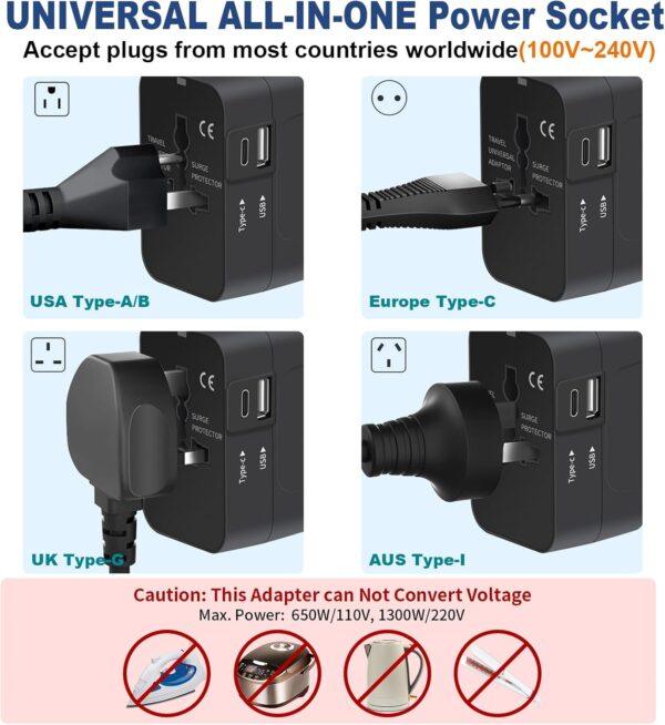 Travel Adapter with USB C, Universal All in One Worldwide Travel Adapter Power Converters Wall Charger AC Power Plug Adapter USB Type C Charging Ports for USA EU UK AUS Black - Image 6